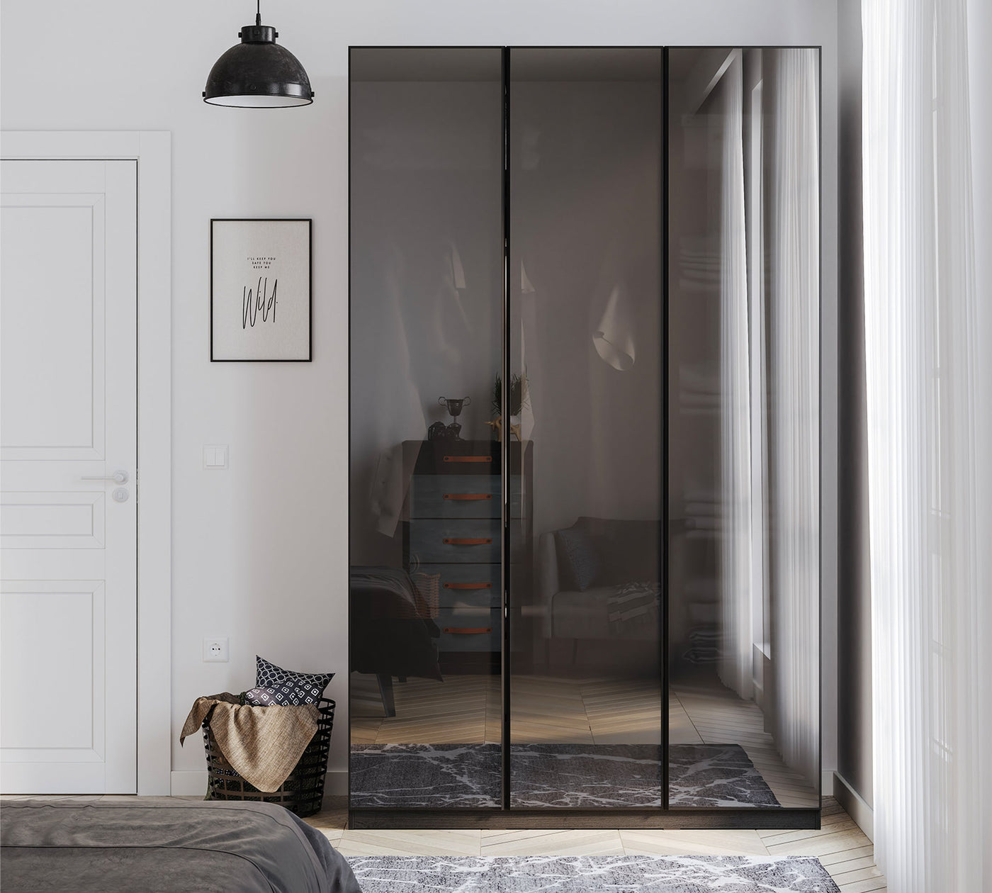 Single Door Wardrobe Black (Glass Door)