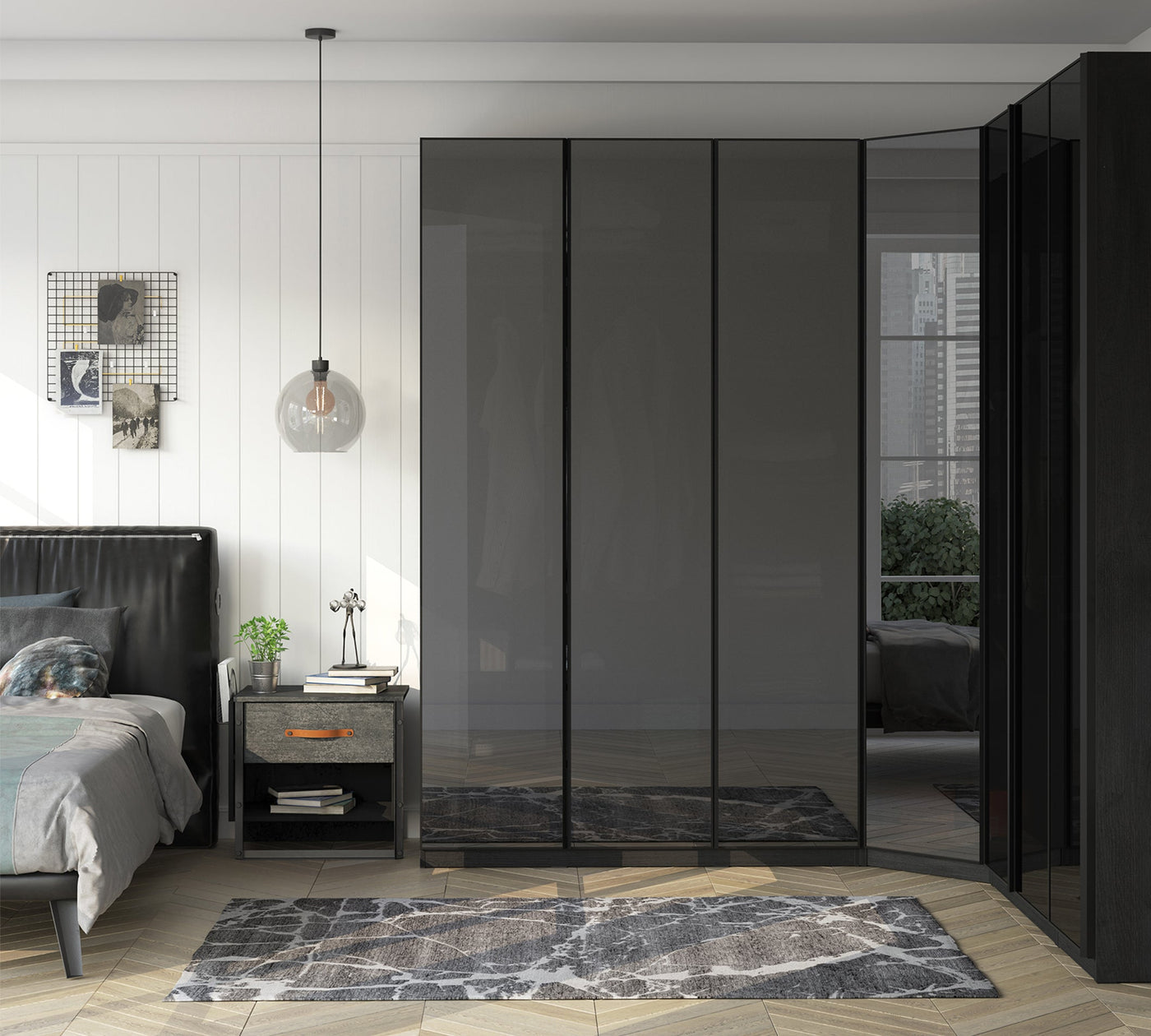 3 Doors Wardrobe Black (Glass Door)