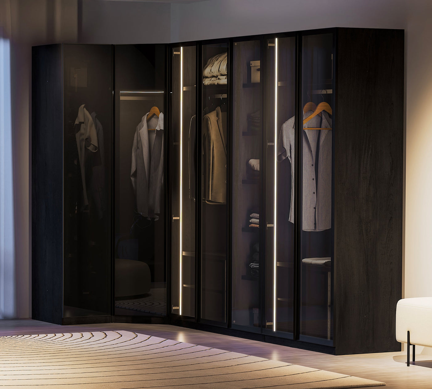 3 Doors Wardrobe Black (Glass Door)