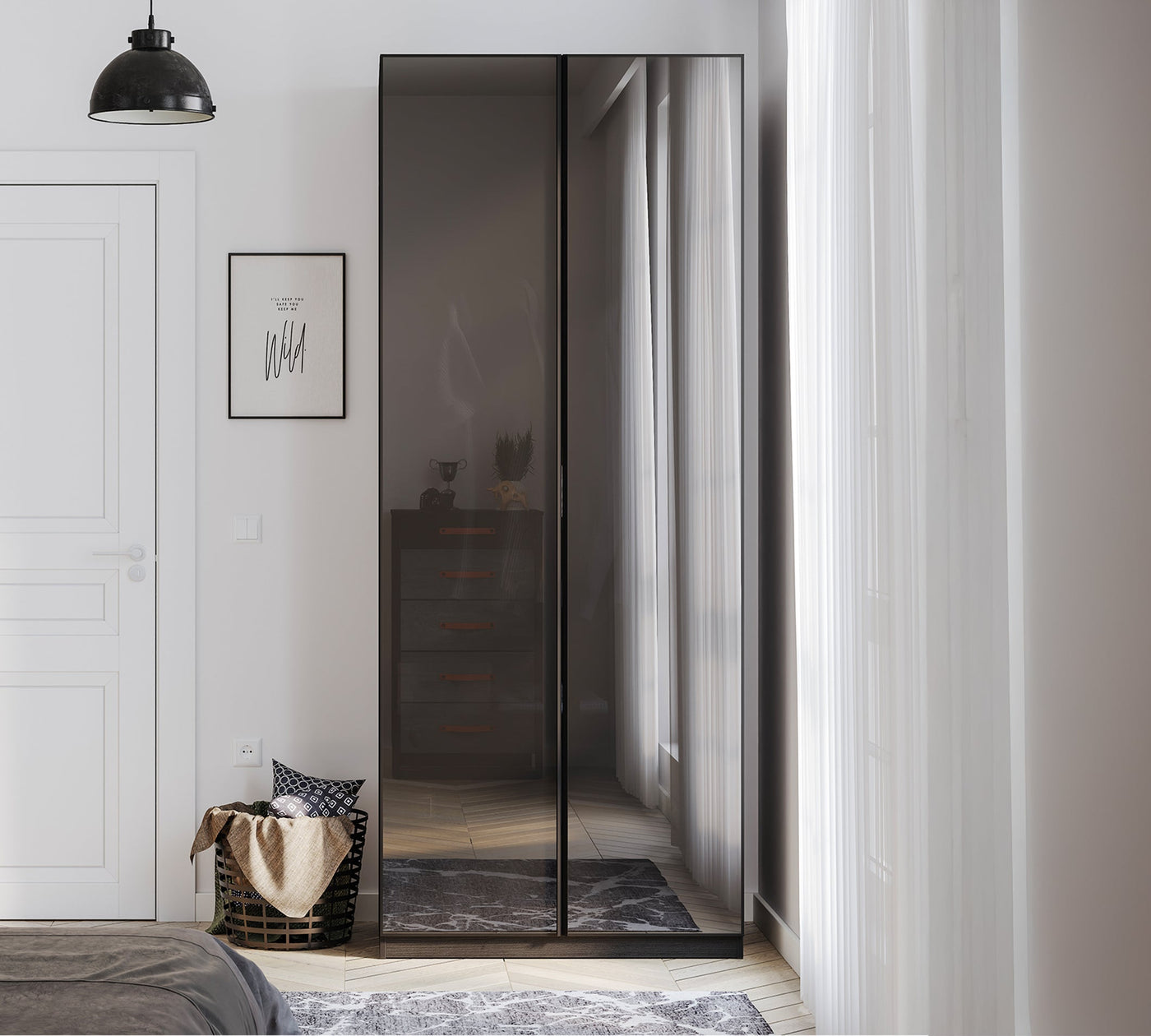 2 Doors Wardrobe Black (Glass Door)