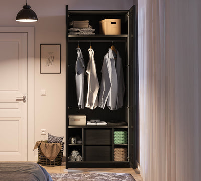 2 Doors Wardrobe Black (Glass Door)