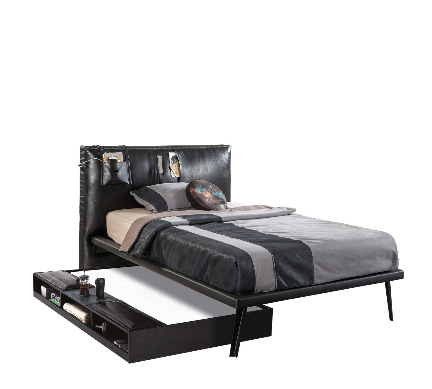 Dark Metal Pull-out Bed With Partitions (90x190 cm)