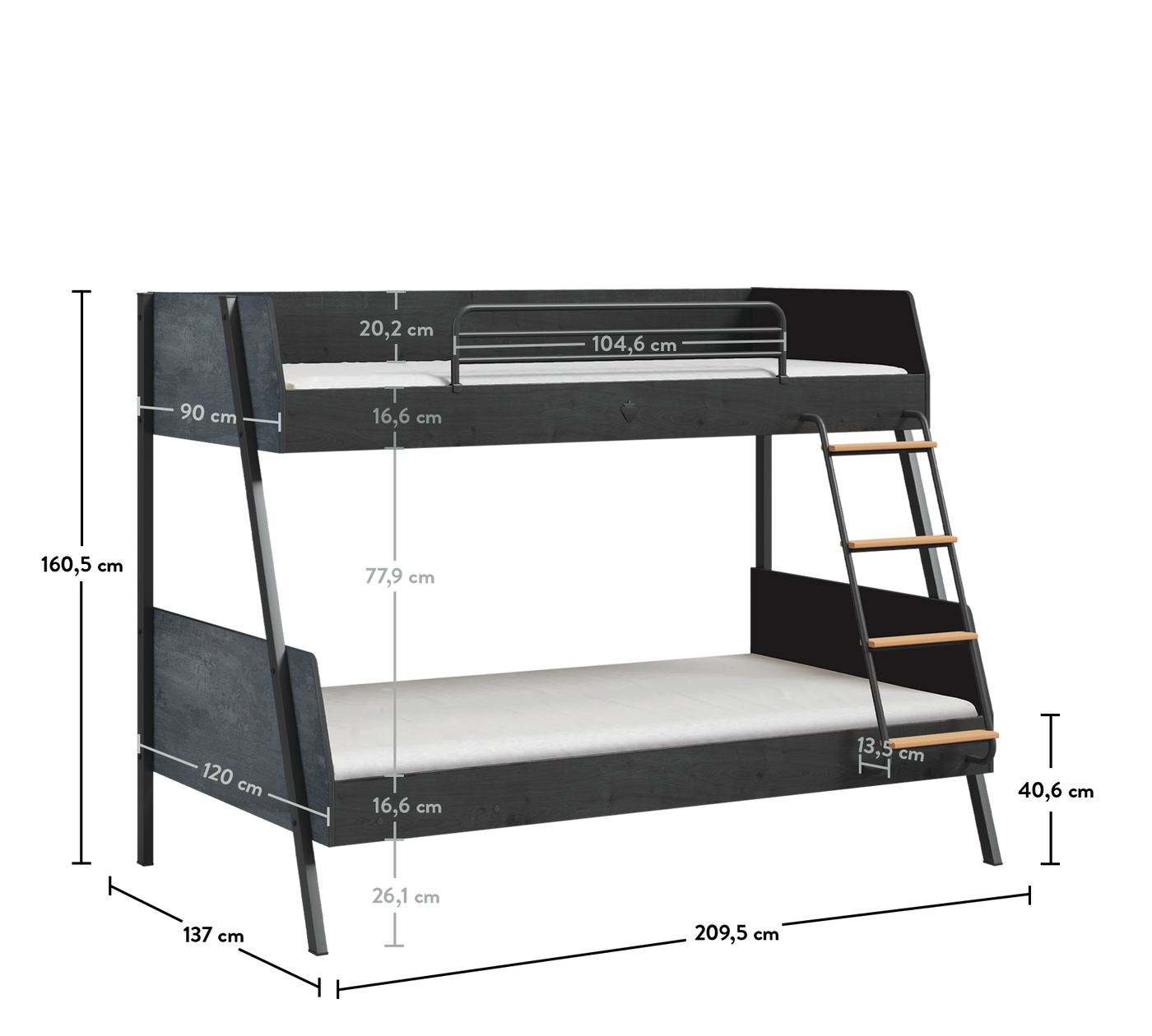 Dark Metal Large Bunk Bed (90x200-120x200 cm)