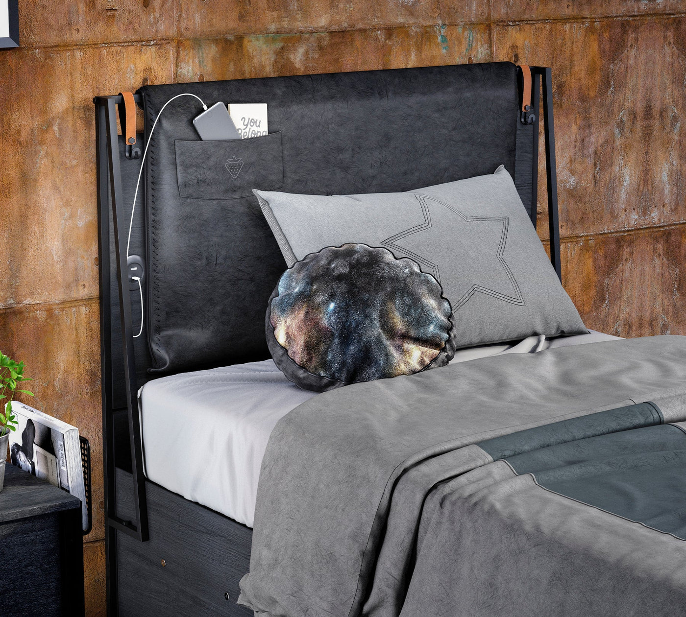 Dark Metal Headless Bed With Base (100x200 cm)