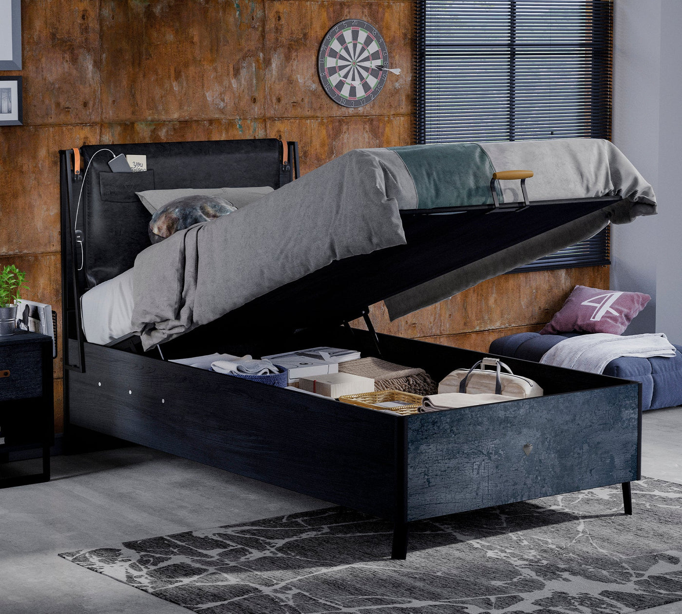 Dark Metal Bed With Base Without Headboard (100x200 cm)