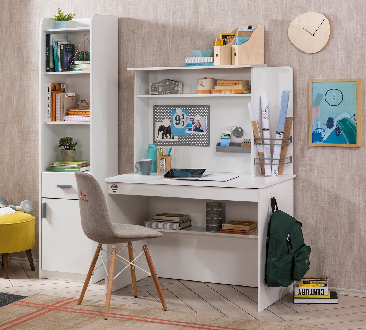 White Study Desk With Unit