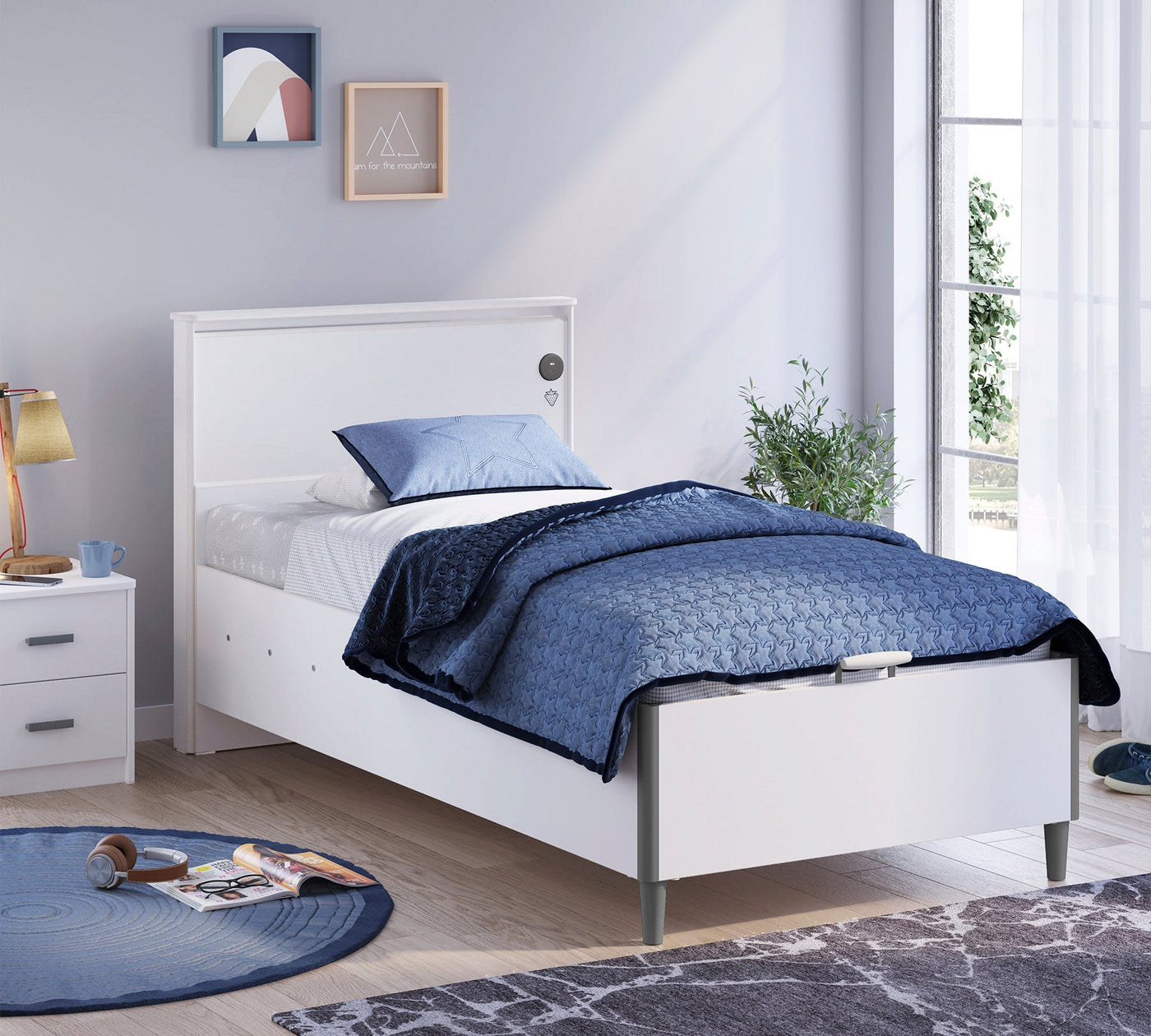 White Bed With Base Flat Headboard