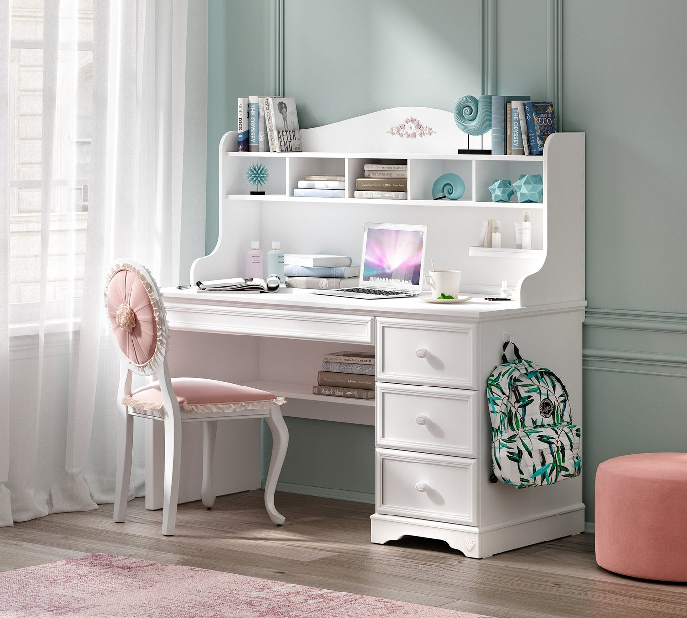 Rustic White Large Study Desk With Unit