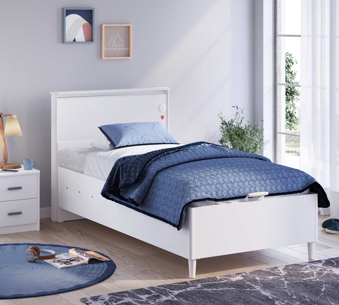 Montes White Bed With Base Flat Headboard