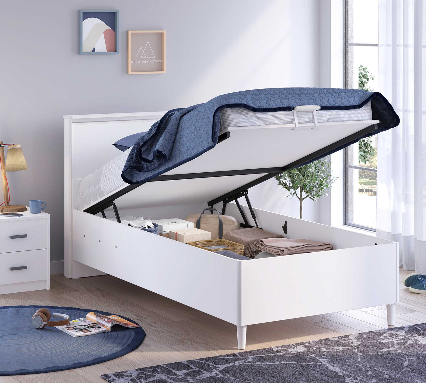 Montes White Bed With Base Flat Headboard