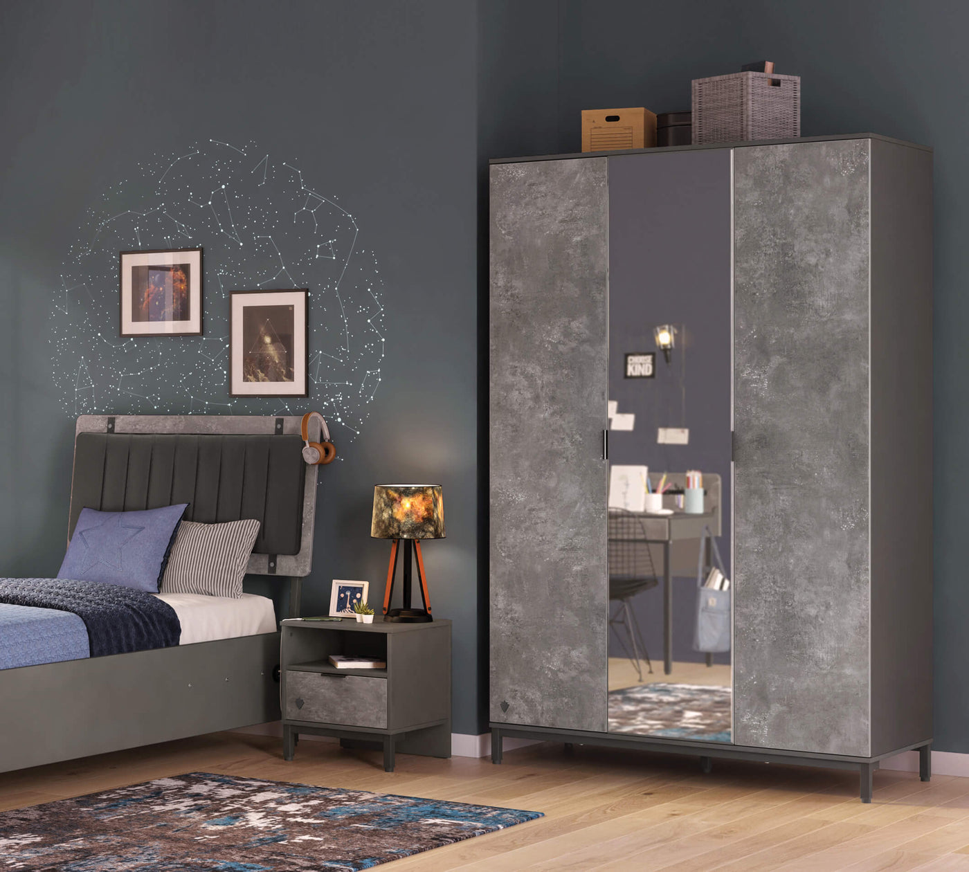 Space Gray Kleiderschrank mit 3 Türen