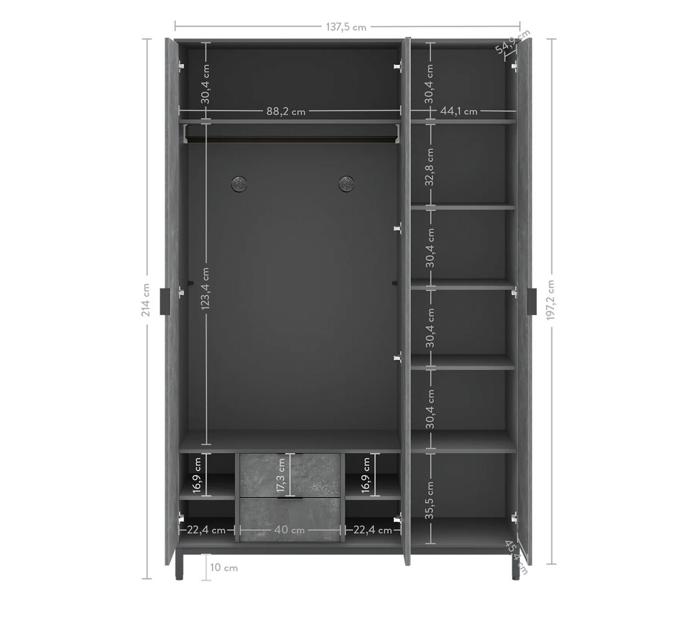 Space Gray 3 Doors Wardrobe