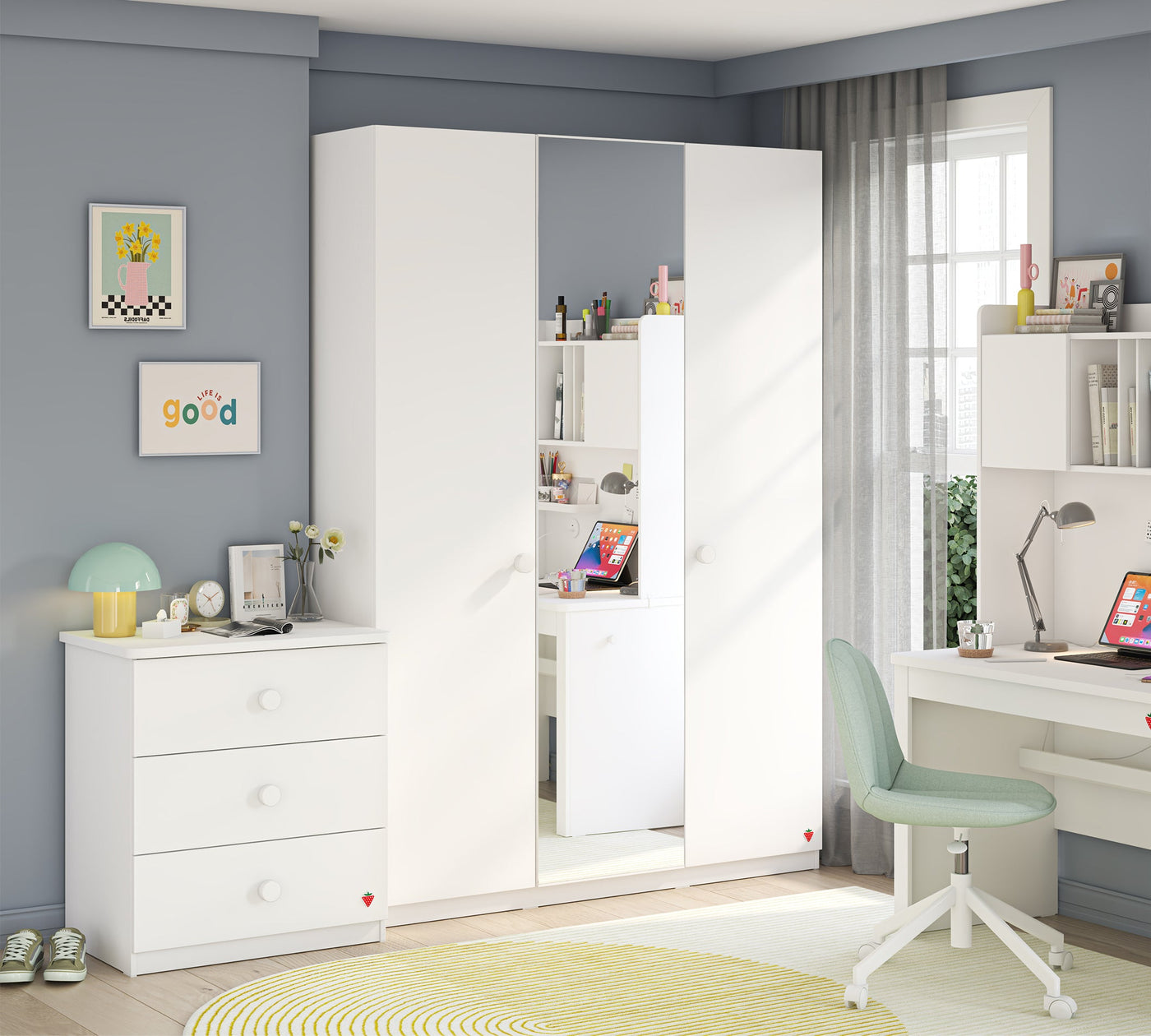 Varia White 3 Doors Wardrobe With Mirror