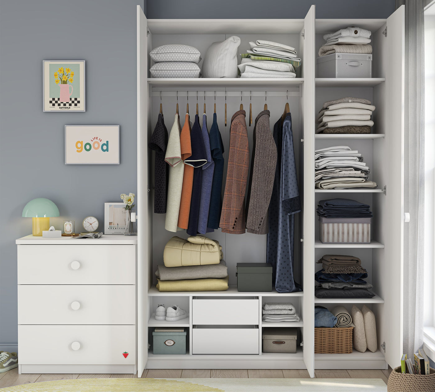 Varia White 3 Doors Wardrobe With Mirror