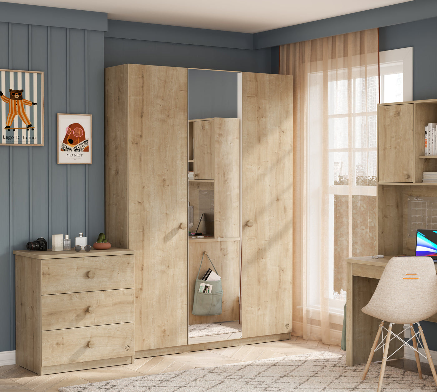 Mocha 3 Kapılı مرآةlı Dolap